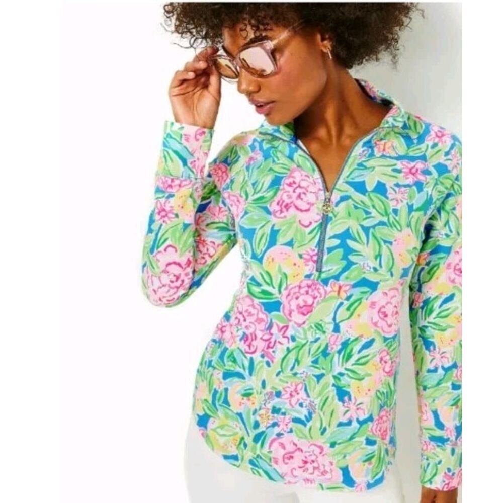 Lilly Pulitzer Blue Floral Half-Zip Top with Pink & Green. NWT